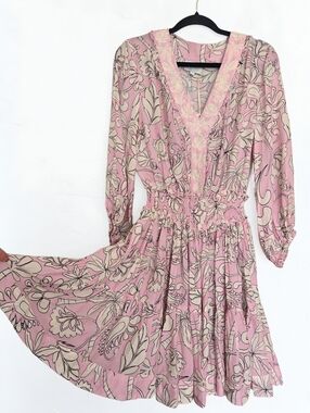 NWT TAJ Sabrina Crippa Pink Floral Silk Cotton Dress, L